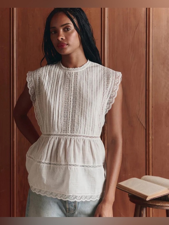THE GREAT. Tops - new The Great Sonnet lace inset cotton voile sleeveless blouse in true white
